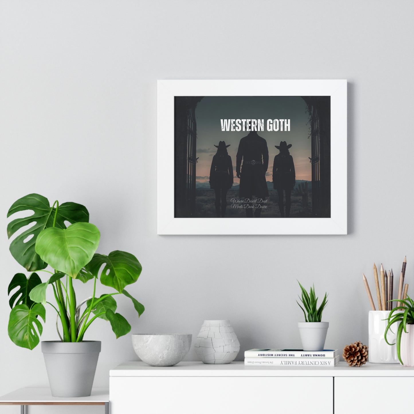 Framed Western Goth Poster — Dark Cowboy Silhouette Wall Art